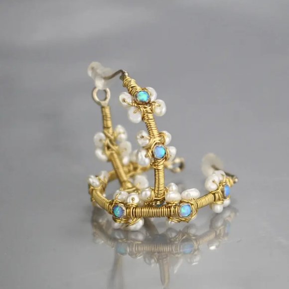 Handmade Flower Opal Pearl Hoop Earrings - Picture 2 of 5